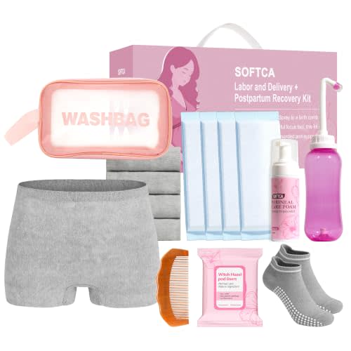 Postpartum Essentials Recovery Kit, Postpartum Kit for New Mom | Birth Comb, Peri Bottle, Disposable Underwears, Perineal Healing Foam, Instant Ice Pads, Cooling Pad Liners, Socks, Wash Bag
