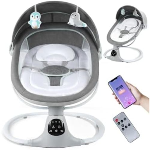Electric Baby Swing for Infants to Toddler, 0-9 Months Portable Swing Rocker 5 Sway Speed, Bluetooth,12 Preset Lullabies with Remote Control, Infant Swing for Baby Boys & Girls, Grey