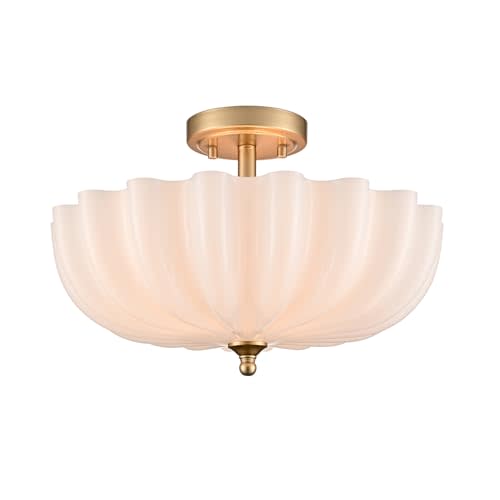 Modern Brushed Brass Gold Semi Flush Mount Light with Milky Flower Shade Ceiling Light Fixture for Living Room Bedroom Entryway