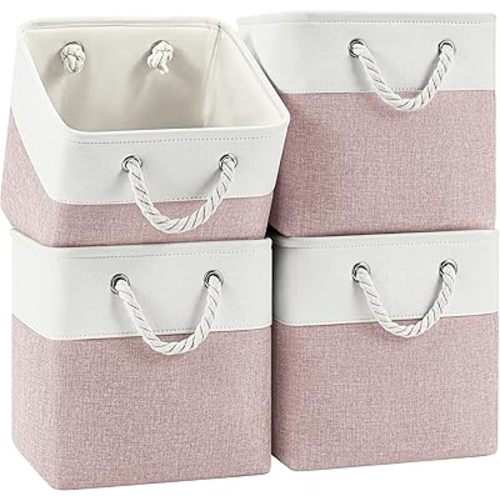 11x11 Cube Storage Bins, 4 Pack Foldable Fabric Organizer Bins with Rope Handles, Storage Cubes for Organizing Bedroom, Living Room, Clothes and Toys, Shelves and Closet (White & Pink)