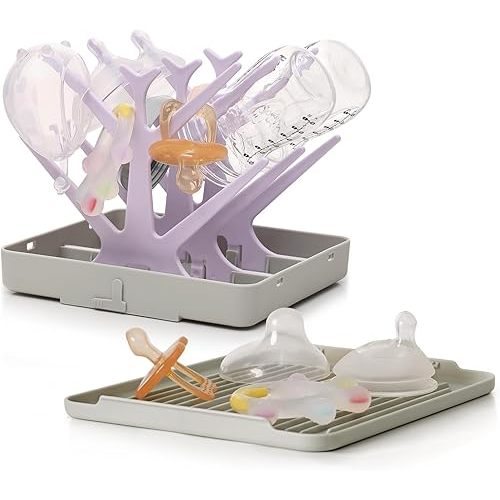 haakaa Portable Baby Bottle Drying Rack with Tray, Space Saving Bottle Drying Tree for Bottles/Pump Parts/Pacifiers,Easy-Store Dryer Rack Great for Home & Travel, BPA Free (Lavender)