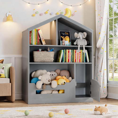 3-Tier Kids Bookshelf and Toy Storage with Toy Storage & Motion Sensor Light, 36.6" Wide Bookcase for Nursery, Playroom & Bedroom, Storage Cabinet with Anti-Tip Device, Easy Assembly