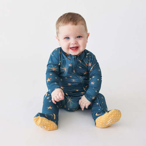 Stars Blue One Piece Baby Footie Pajamas | Celestial Stars – poshpeanut.com