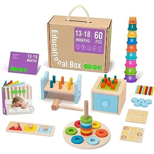 TOOKYLAND Montessori Toys for 1 Year Old, 8 in 1 Learning Educational Set Wooden Toys (Includes Stacking Cups, 3-in-1 Educational Box, Pound Bench, Shape Puzzle and More)
