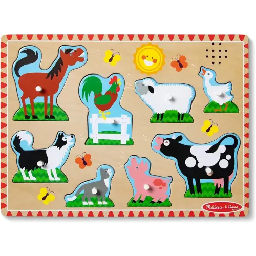 Melissa & Doug Farm Animals Sound Puzzle – 8-Piece Wooden Peg Puzzle with Light-Activated Sounds, Music Learning Toy for Toddlers and Preschoolers Ages 2+