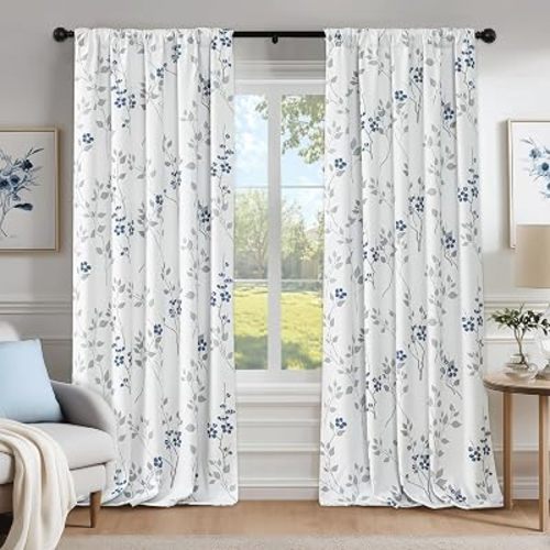 Beauoop Floral 100% Blackout Curtains for Bedroom Blue Grey 52X84 2 Panels