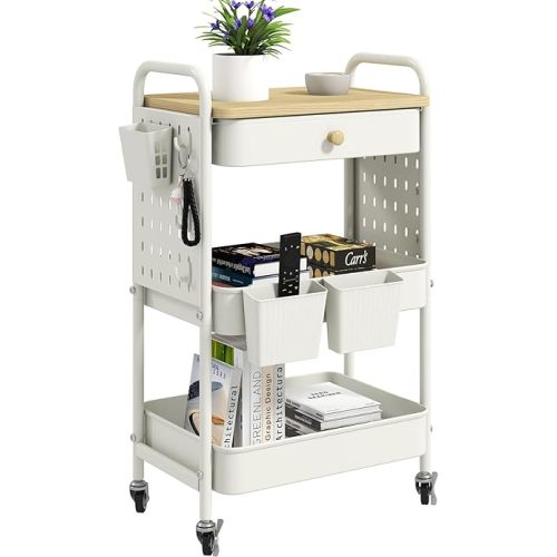 danpinera Rolling Utility Cart with Drawer, 3 Tier Rolling Cart with Wheels, Hooks & Hanging Cups, Craft Cart Art Cart Snack Cart Rolling Storage Cart with Wooden Table Top & DIY Pegboards, White