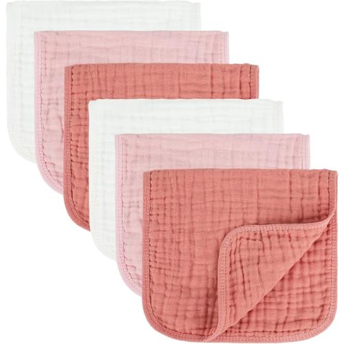 MIGIOL Baby Burp Cloths 100% Cotton Newborn Muslin Burp Cloths 10x20 inches Baby Essentials White & Pink 6-Pack