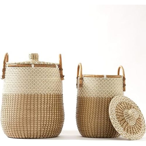 Laundry Baskets Hamper Set of 2, 85L Seagrass Handwoven Storage Basket Clothes Hamper with Handles, 100% Natural Vietnamese Woven Wicker Basket with Lid for Living Room Any Home Style