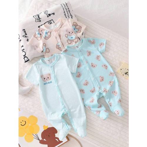 3pcs/Set Newborn Infant Simple Cute Bear Print Pattern Comfortable Short Sleeve Romper Shorts Home Outfit Newborn Baby Clothes Baby Romper Newborn Clothes Unisex Baby Pajamas | SHEIN USA