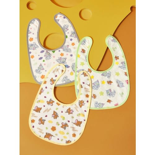 TOM & JERRY X SHEIN 3pcs/Pack Cute Cartoon Print 100% Cotton Baby Bibs, Suitable For Drooling Infants