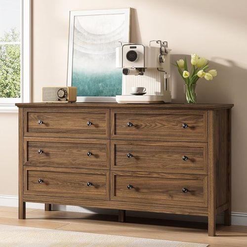 Tradare 55'' Walnut Dresser with 6 Drawers for Bedroom, Wood Dresser Natural Modern Chest of Drawer with Handles Solid Wood Legs, Large Storage Dressers for Livining Room, TV Stand, Entryway
