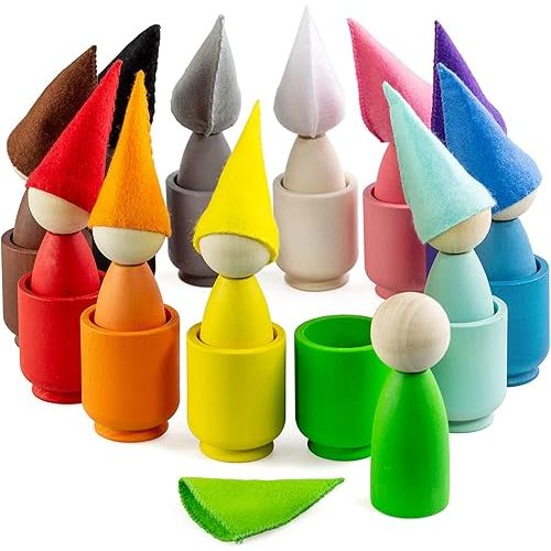Ulanik Large Peg Dolls in Cups with Hats Toddler Montessori Toys for 3 Year Old + Wooden Waldorf Dolls for Learning Color Sorting and Counting — 12 Gnomes