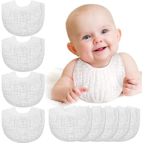 Tatuo 10 Pcs White Muslin Baby Bibs Bulk for Newborn, Soft Cotton
