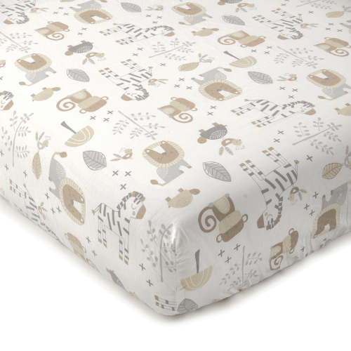 Levtex Baby - Kenya Crib Fitted Sheet - Fits Standard Crib and Toddler Mattress - Elephants, lion, monkey, tortoise and zebra - Grey and Taupe - Nursery Accessories - 100% Cotton