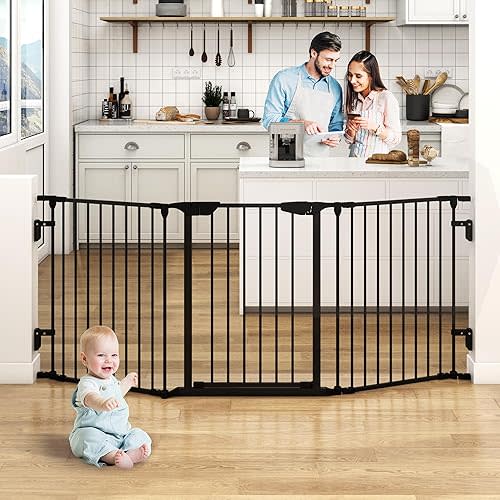 AUXSOUL 74" Wide Baby Gate Metal Safety Playpen - Fireplace Fence for Toddler/Pet/Dog, 3-Panel,30" H, Black