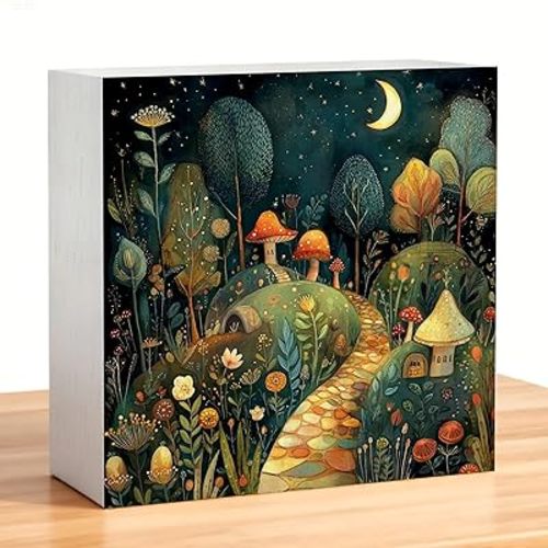 Enchanted Forest Crescent Moon Mushroom Wooden Box Sign, Whimsical Magical Cottagecore Flower Botanical Wood Signs for Home Kids Room Nursery Desk Table Shelf Decorations, 5x5 Inch