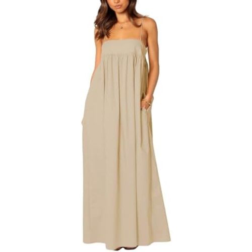 ebossy Vestido largo de verano para mujer con tirantes atados, espalda descubierta, estilo casual, corte amplio, con recortes y bolsillos