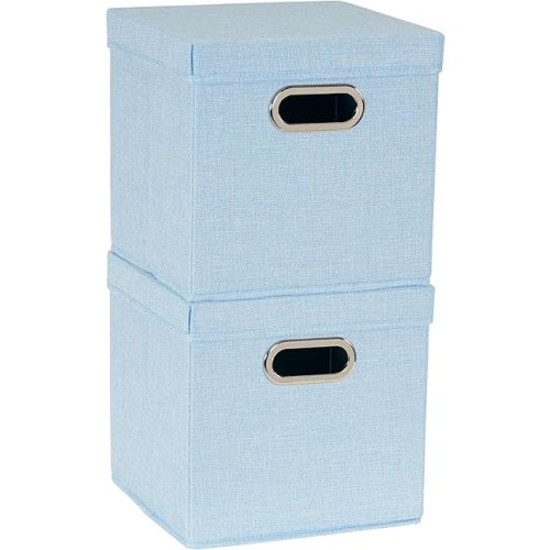 Household Essentials 816-1 Café Cube Bin Storage Set with Lids and Handles | 2 Pack, Baby Blue Linen