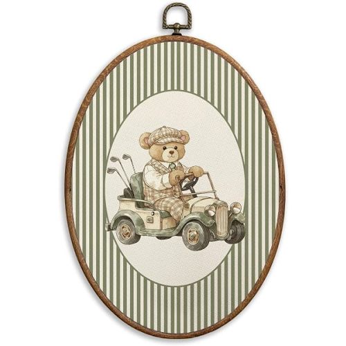 SONMYSULIL Vintage Bear Golf Nursery Wall Art Decor, Sports Oval Wall Hanging Decor, Bear Golf Cart Striped Framed Canvas Prints for Kids Boy Nursery Room Bedroom Playroom, 8.6x11.4 Inch