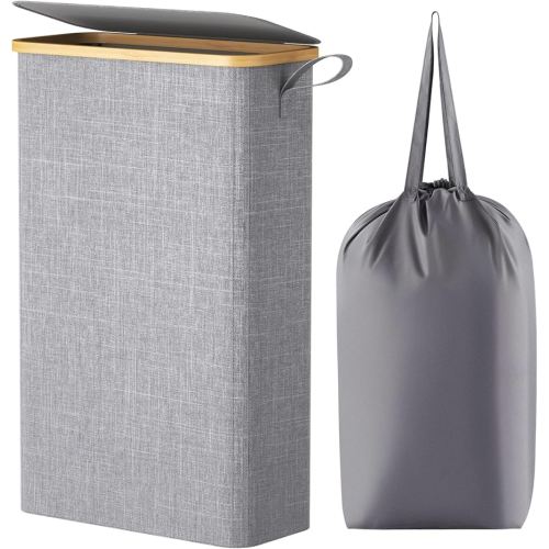 Lifewit 65L Slim Laundry Hamper with Lid, Narrow Laundry Basket with Removable Bag & Bamboo Handles, Fodable Thin Dirty Clothes Hamper for Laundry Collapsible Bin for Bathroom Bedroom Dorm, Gray