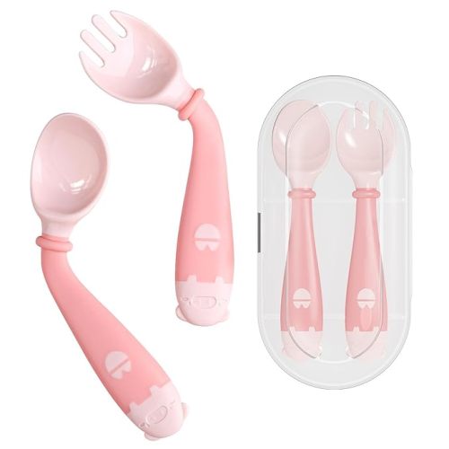 Deejoy Toddler Utensils, Self-feeding Flatware Set withTravel Case, Baby Spoons and Forks with Silicone Bendable Handle, Easy Grip Heat-Resistant, Ideal for Kids, Stage 2 Pink