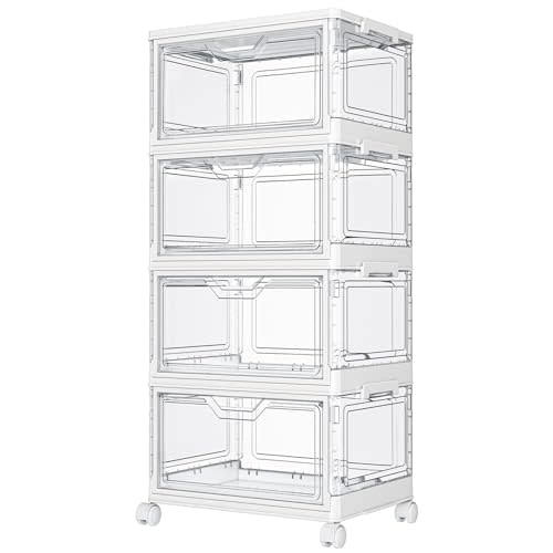 Kmiectse Clear Storage Bins with Lids - 4 Tier 23qt Plastic Stackable Bins | Closet Organizers Box for Bedroom, Living Room, 23 QT Folding Box with Magnetic door