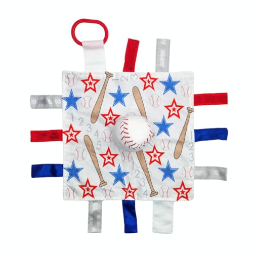 Baby Jack & Co. Sensory, Educational & Closed Ribbon Tag Lovey Blanket with Security Plush: 10"X10" (Baseball)