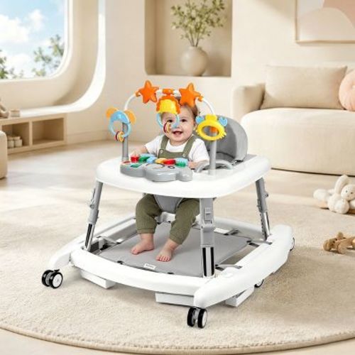 Kmaier 5-in-1 Foldable Baby Walker with Wheels, Music and Lights, 5 Adjustable Heights, White