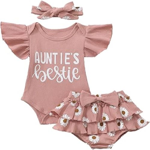 Aunties Bestie Baby Girl Clothes Aunt Saying Letter Romper Tiered Ruffle Daisy Skirt Skort Newborn Coming Home Outfit