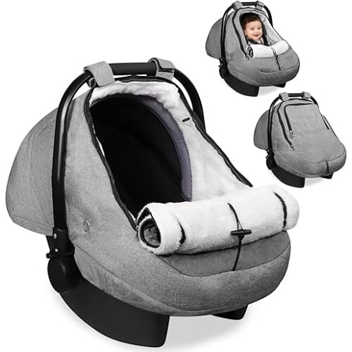 Winter Car Seat Cover for Baby, Waterproof Infant Carseat Cover with Warm Plush Lining & Dual Zippers, Universal Carseat Cover Baby Winter Protector with Ventilation and Windproof Design (Gray)