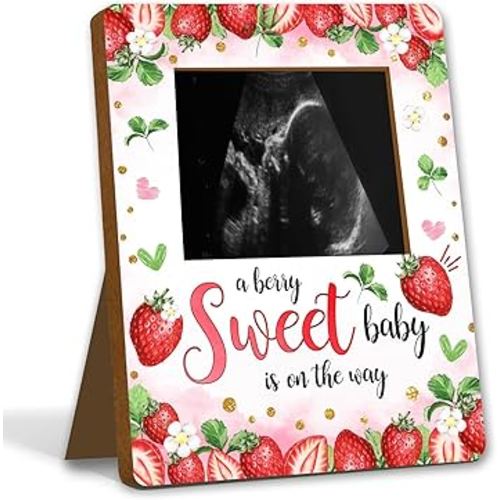 ALodr Strawberry Baby Shower Decorations, Baby Shower Sign Picture Frame, Berry Sweet Party Decor for Gender Reveal, Pregnancy Milestone Keepsake, Pregnancy Announcement Sonogram Photo Frames