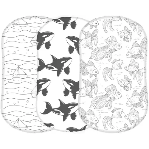TansyPanda Halo Bassinet Sheets for BassiNest Luxe Swivel, Soothing, Swivel, Lite, Essential Sleeper, 3 Pack, 33 X 17 Inch, Ultra Soft, Snug Fit, Unisex Boys Girls, Gray White (Ocean Fish)