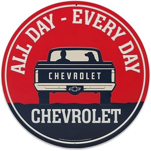Chevrolet All Day Every Day Round Embossed Metal Sign - Chevy Truck Wall Art for Garage, Shop, or Man Cave