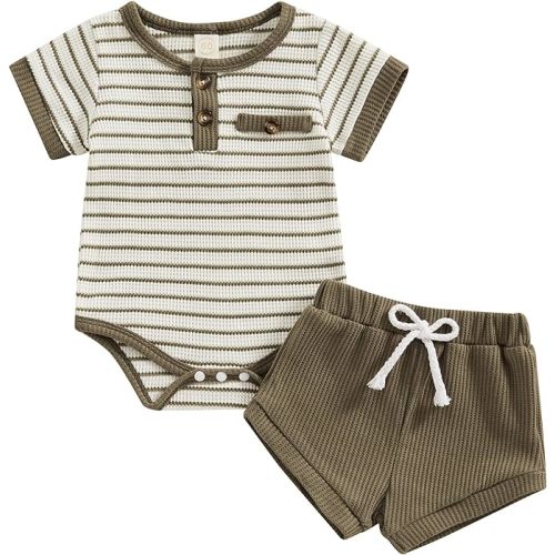 Kuriozud Newborn Baby Boy Summer Clothes Button Short Sleeve Romper Bodysuit Shorts Set Toddler Soft Waffle Outfit