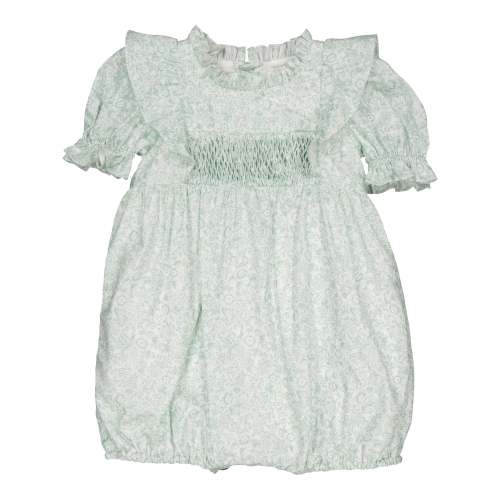 Nine Smocked Baby Girl Romper in Green Toile de Jouy Print