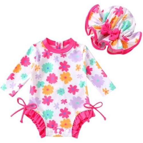 Infant Baby Girl Swimsuit Long Sleeve One-Piece Swimwear Zipper Ruffled Bathing Suit UPF 50+