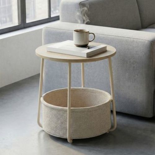 LEDREM Side Table, Round End Table with Fabric Basket, for Living Room Bedroom, Bedside Table, Modern Style, Beige