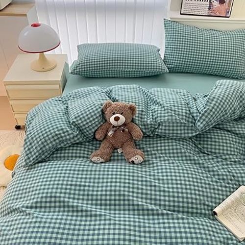 mixinni Dark Green Gingham Comforter Set Twin XL, Plaid Comforter Set 3 Pieces 1 Teal Grid Comfoter with 2 Pillow Cases for All Seasons, Soft Fluffy Modern Grid Pattern Printed Bedding-Twin XL Size