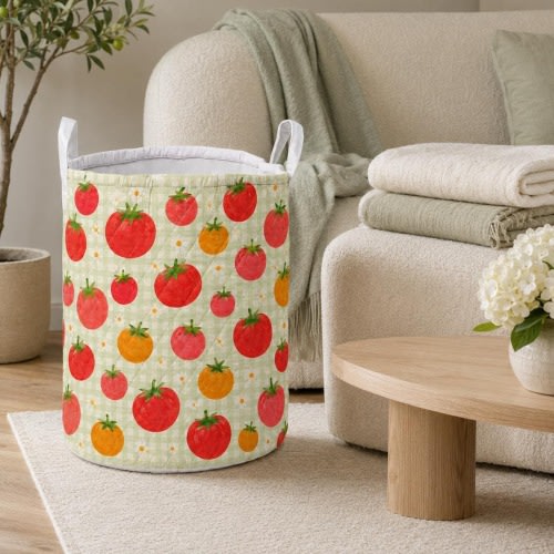 Quilted Tomato Gingham Laundry Hamper, Farmhouse Storage Basket