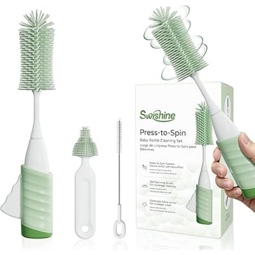 Baby Bottle Brush Set, Innovative Efficient Press-to-Spin Brush Cleaner - Includes Silicone Bottle Brush, Nipple Brush, Straw Cleaner - Spinning Generates Rich Foam for Deep Cleaning, Green