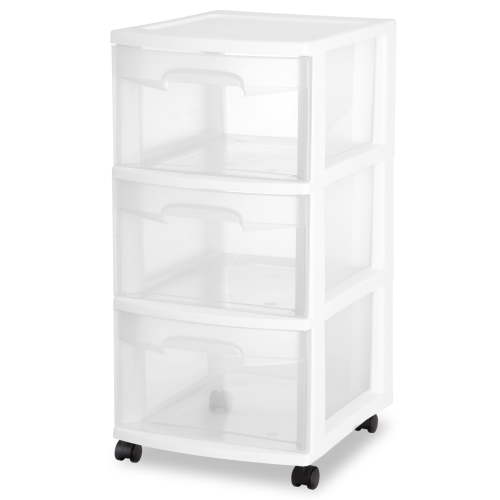 Sterilite 3 Drawer Medium Cart, Clear Plastic Storage Drawers, Wheels Included, White