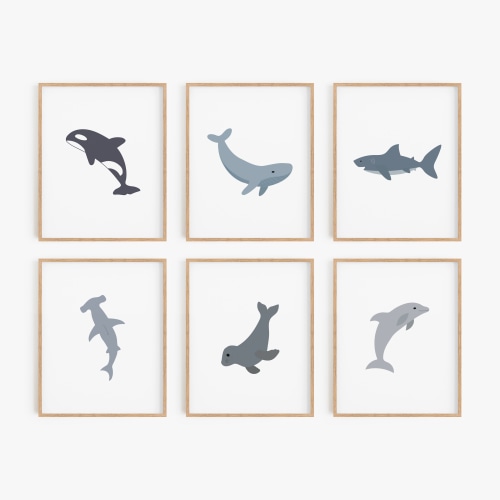 Coastal Nursery Wall Art | Set of 6 Prints | Sea Animal Artwork: Shark, Whale, Seal, Dolphin | Unframed or Framed Nursery Decor | Blue and Gray – Flip The Script Studios