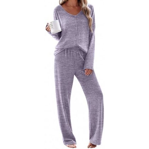 Ekouaer Womens Pajama Sets Button Up Long Sleeve Pjs Soft Lounge Set 2 Piece Sleepwear with Pockets