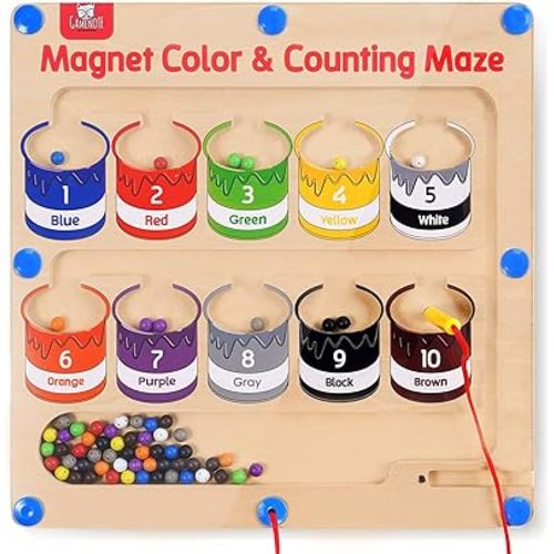 GAMENOTE Magnetic Color and Number Maze - Educational Fine Motor Skills Toys for Boys Girls 3 4 5 Years Old, Wooden Color Matching Learning Counting Toddler Puzzle Board