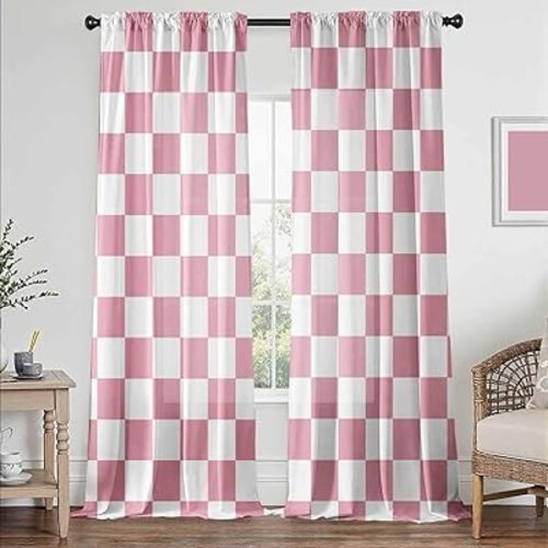 Pink Checkered Curtains for Bedroom,Rod Pocket Pink and White Semi Sheer Curtains Farmhouse Retro Checkerboard Light Filtering Drapes for Living Room,Set of 2 Window Curtain Panels,52 x 84 Inch
