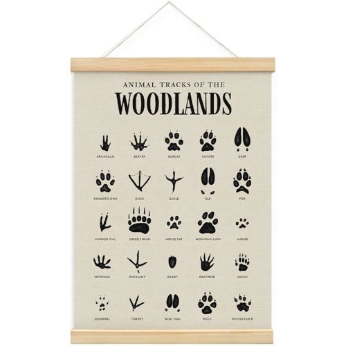 MOFUYU Woodland Tracks Wall Decor Canvas Hanging Banner, Nursery Decor Mountains, Woodland Nursery Poster Hanger Frame for Kids Room,Classroom,Playroom Cabin 12x16 Inch