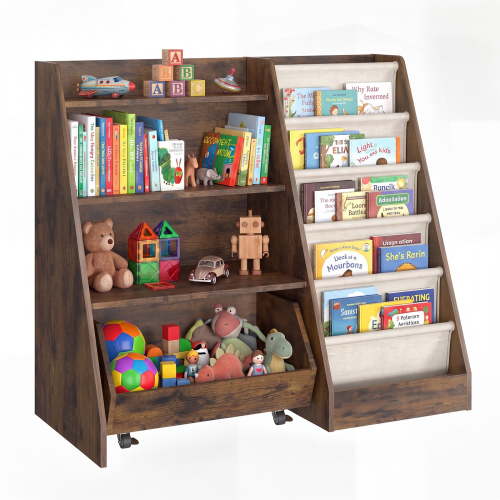 Fowroa Kids Bookshelf, Toy Storage Organizer, 4-Tier Modern Wooden Brown for Toddlers