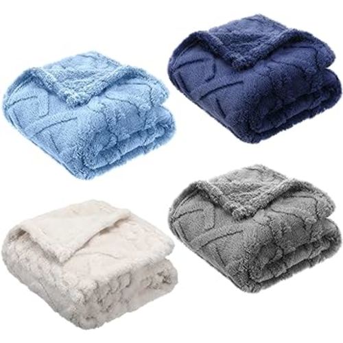 VitalCozy 4 Pcs Soft Fleece Baby Blankets Set 30" x 40" 3D Plush Warm Nursery Swaddling Bed Blanket Little Boys Girls Infant Toddlers and Newborn Receiving Gifts Blankets(Blue Set)