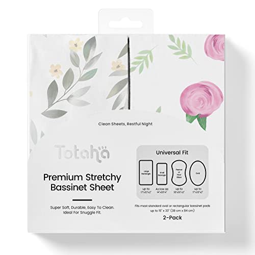 TotAha Premium Stretchy Bassinet Cradle Sheets (2-Pack) -Hypoallergenic, Silky Comfort, Buttery Soft, Calming Effect, All-Season Jersey-Knit Sheets,32 X 16 X 3''(Pink Buds & Green Leaves)